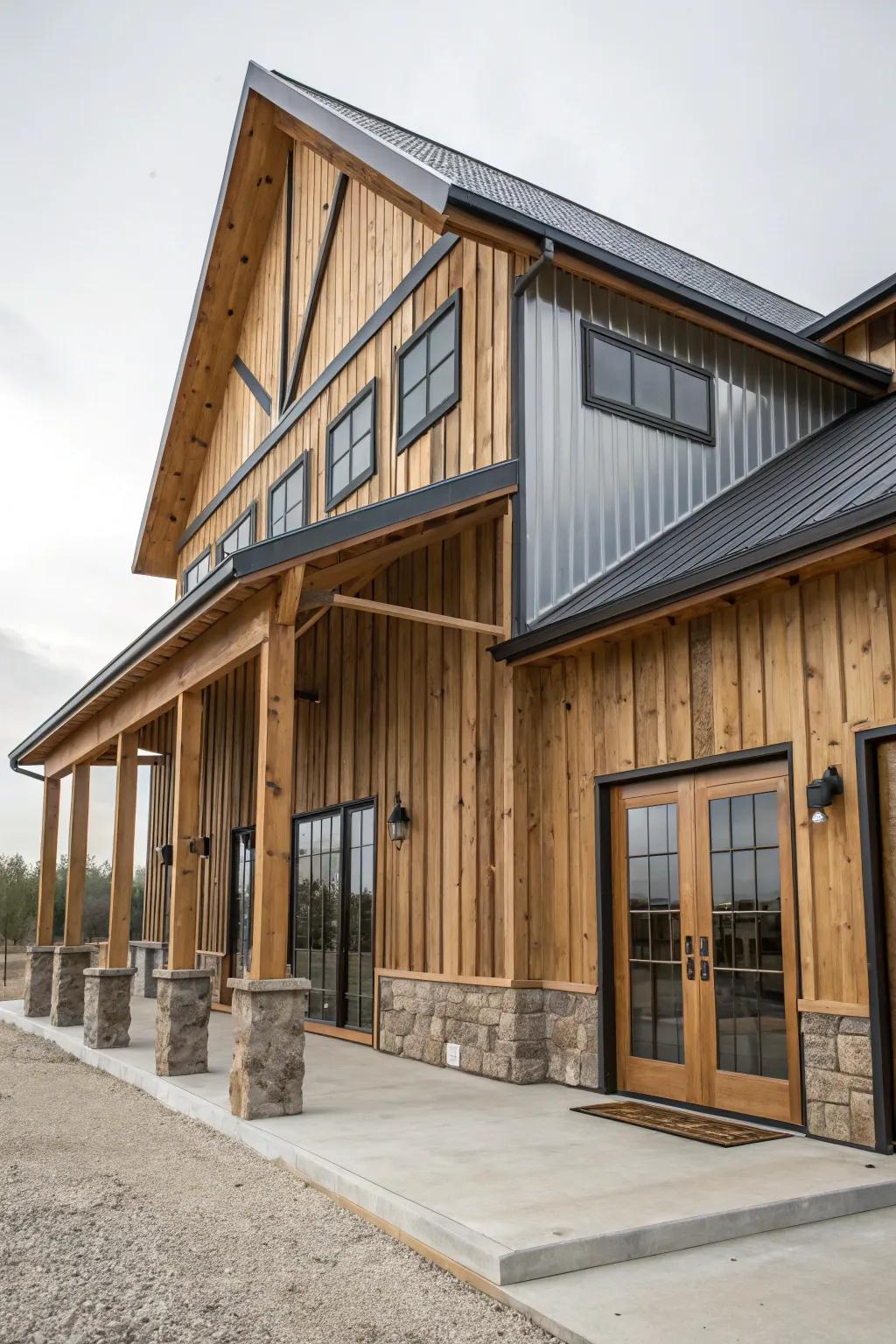 Contrasting textures of wood and metal create a dynamic facade.