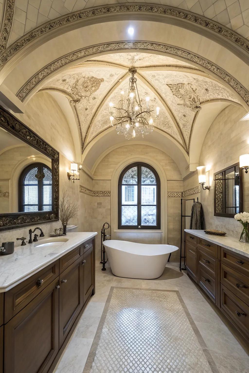 An elegant bathroom featuring a domed vaulted ceiling for added luxury.