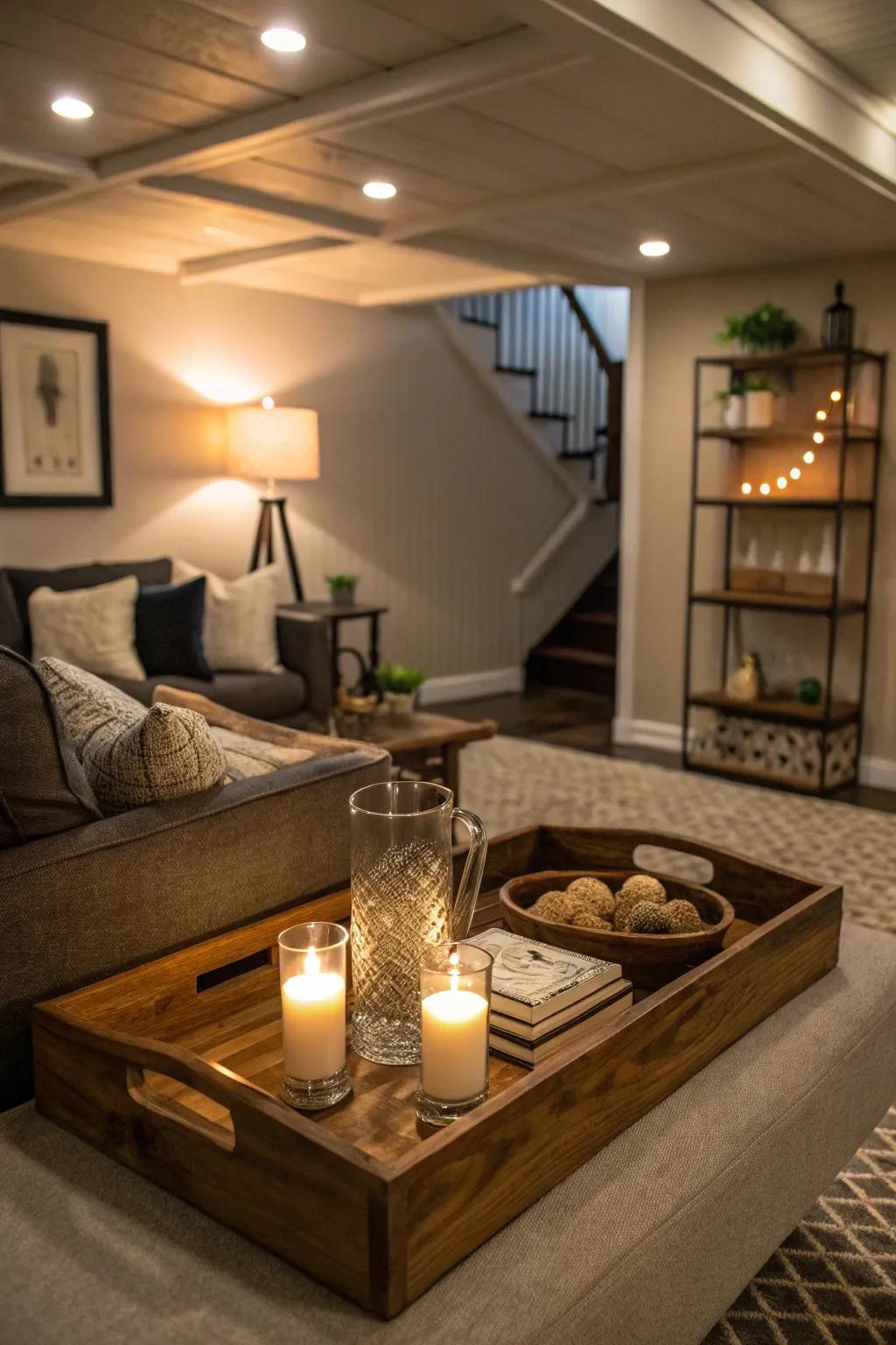 Tray lighting incorporates sophistication and spaciousness to your basement.