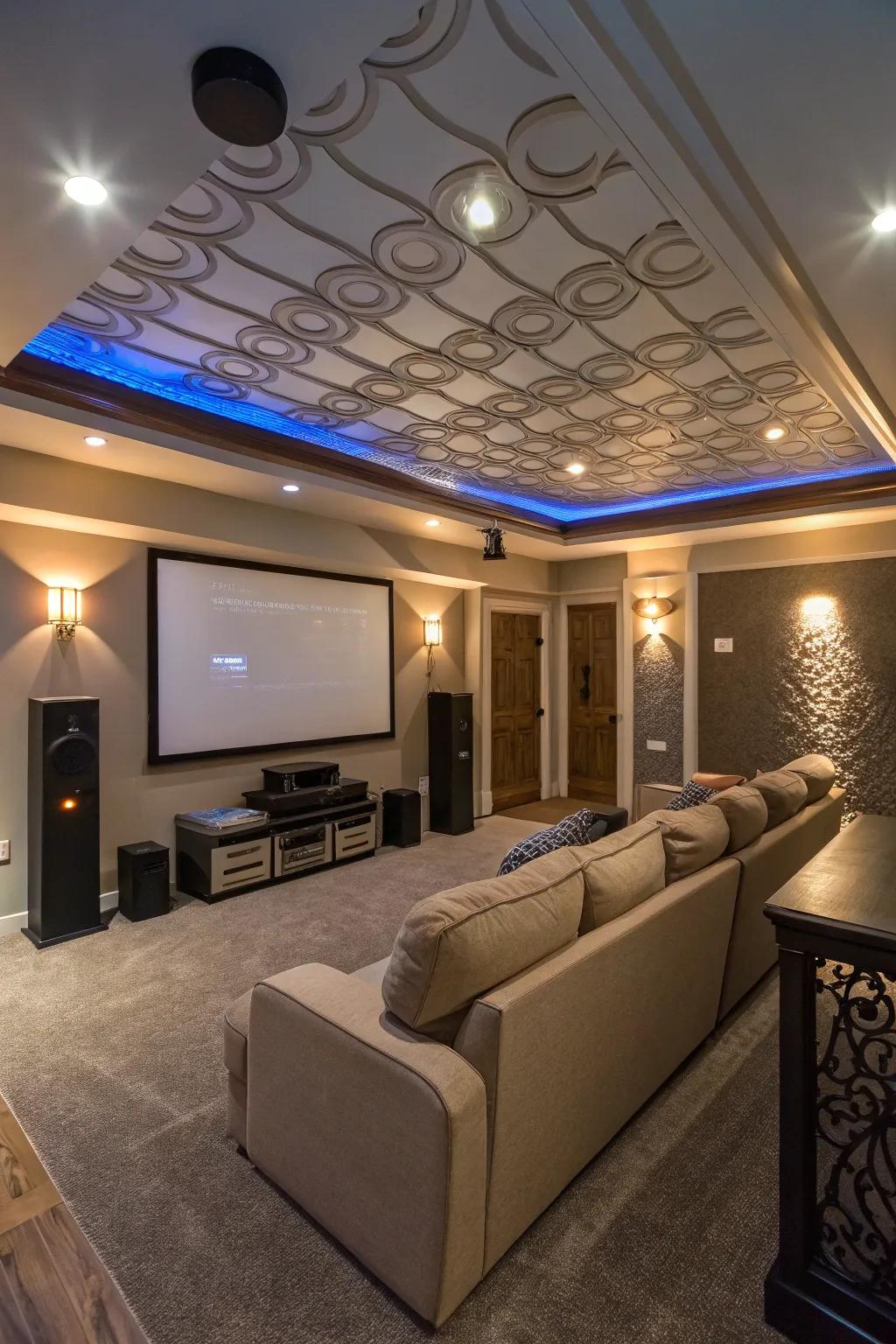 A creatively conceived ceiling can greatly enhance the media room's style.