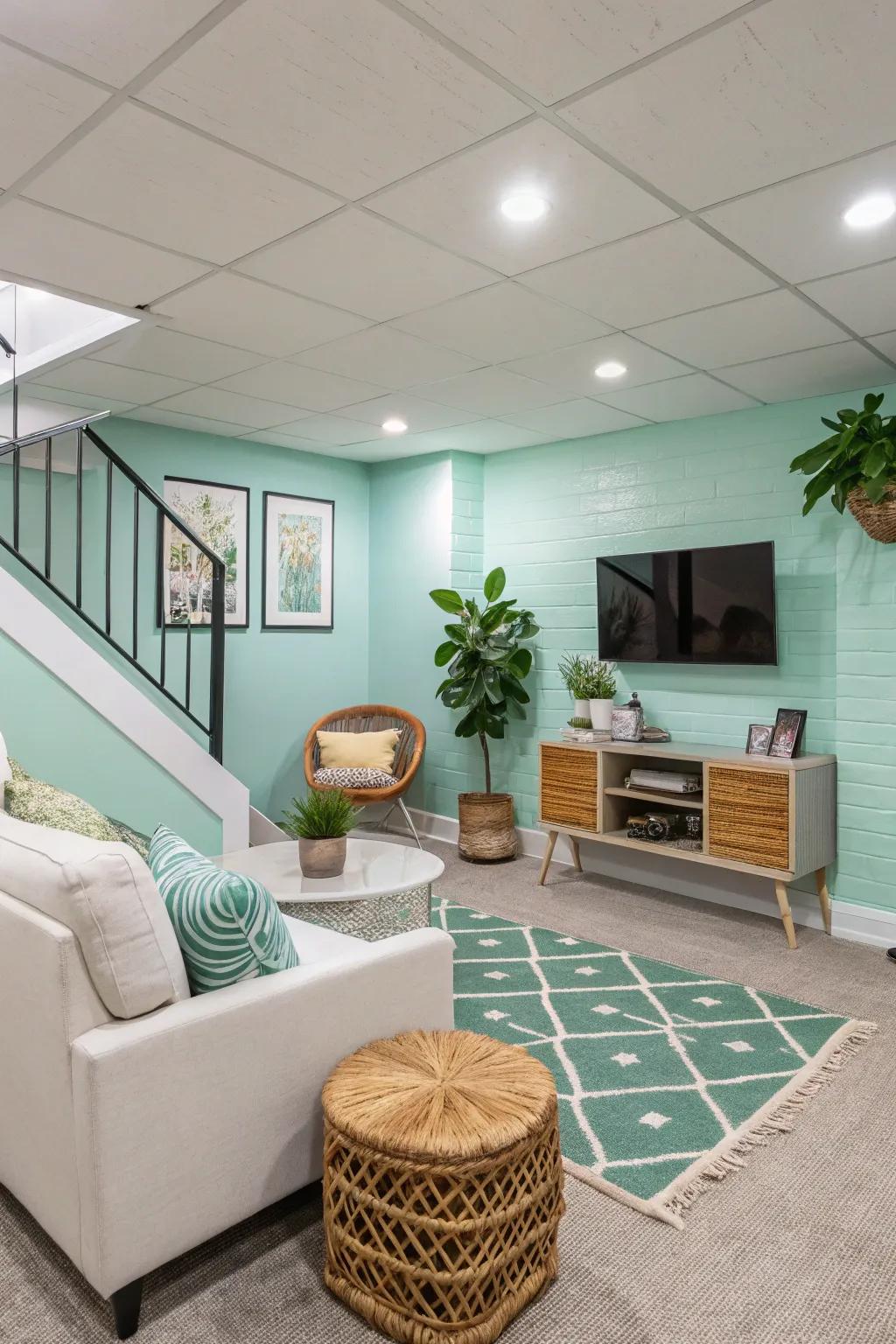 Walls of refreshing mint brighten and revitalize this lower level.