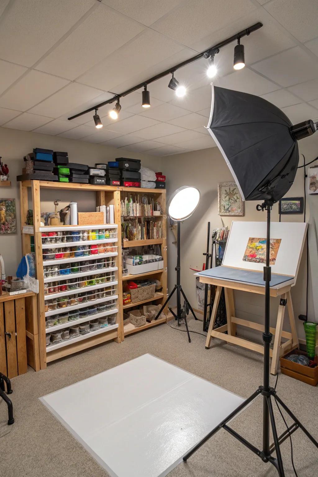 A creative basement studio with ample storage and flexible lighting for artistic projects.