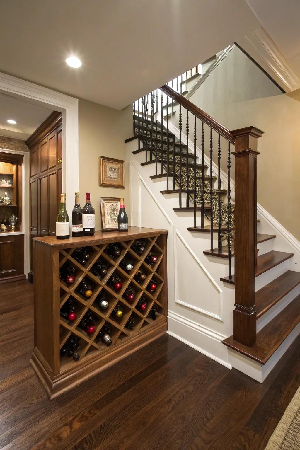 A wine rack under the steps adds a touch of elegance and functionality.