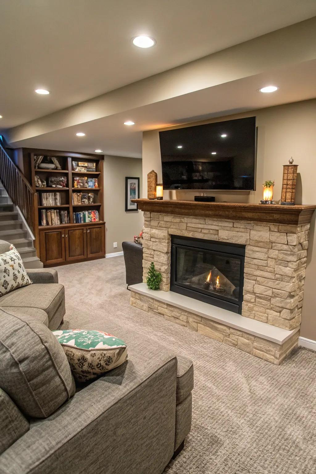 A decorative fireplace adds warmth and style.