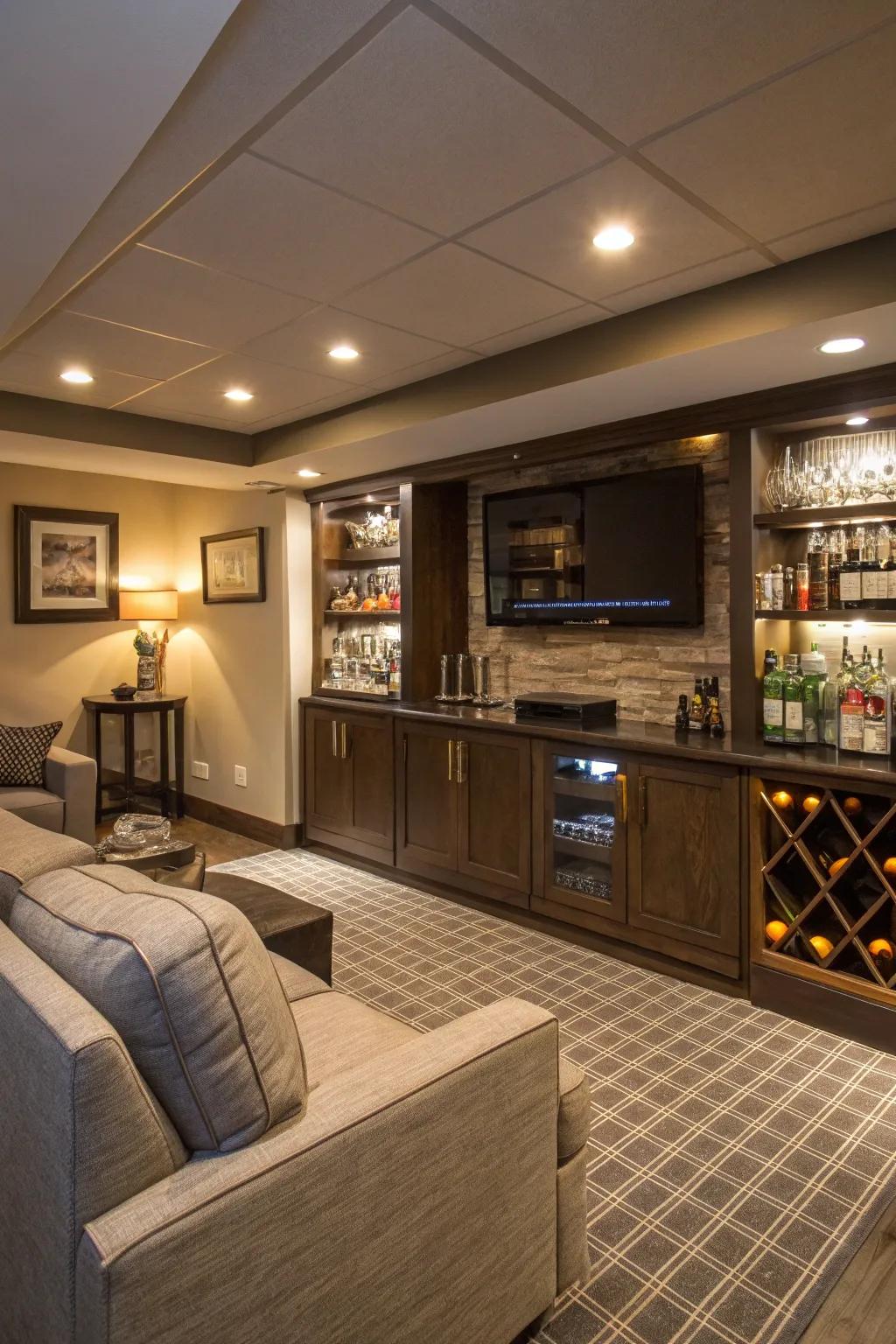 A basement TV room showcasing a stylish mini bar for easy refreshment access.