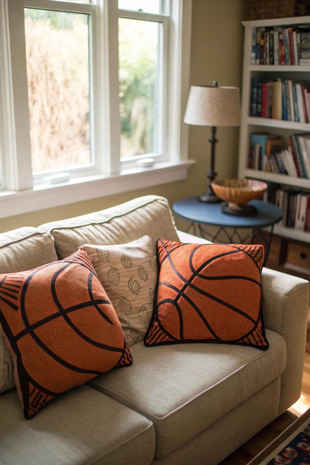 Basketball-themed soft furnishings infuse coziness and panache.