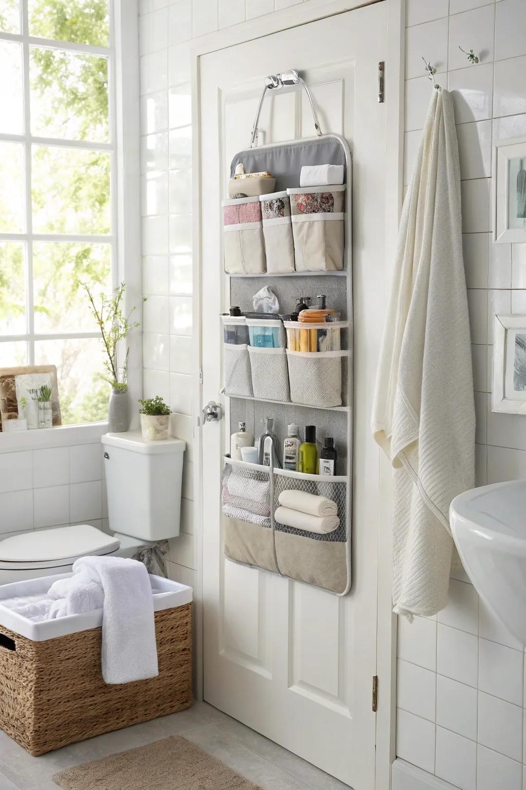 Over-the-door organizer takes full advantage of unused dimensions in the bathroom.