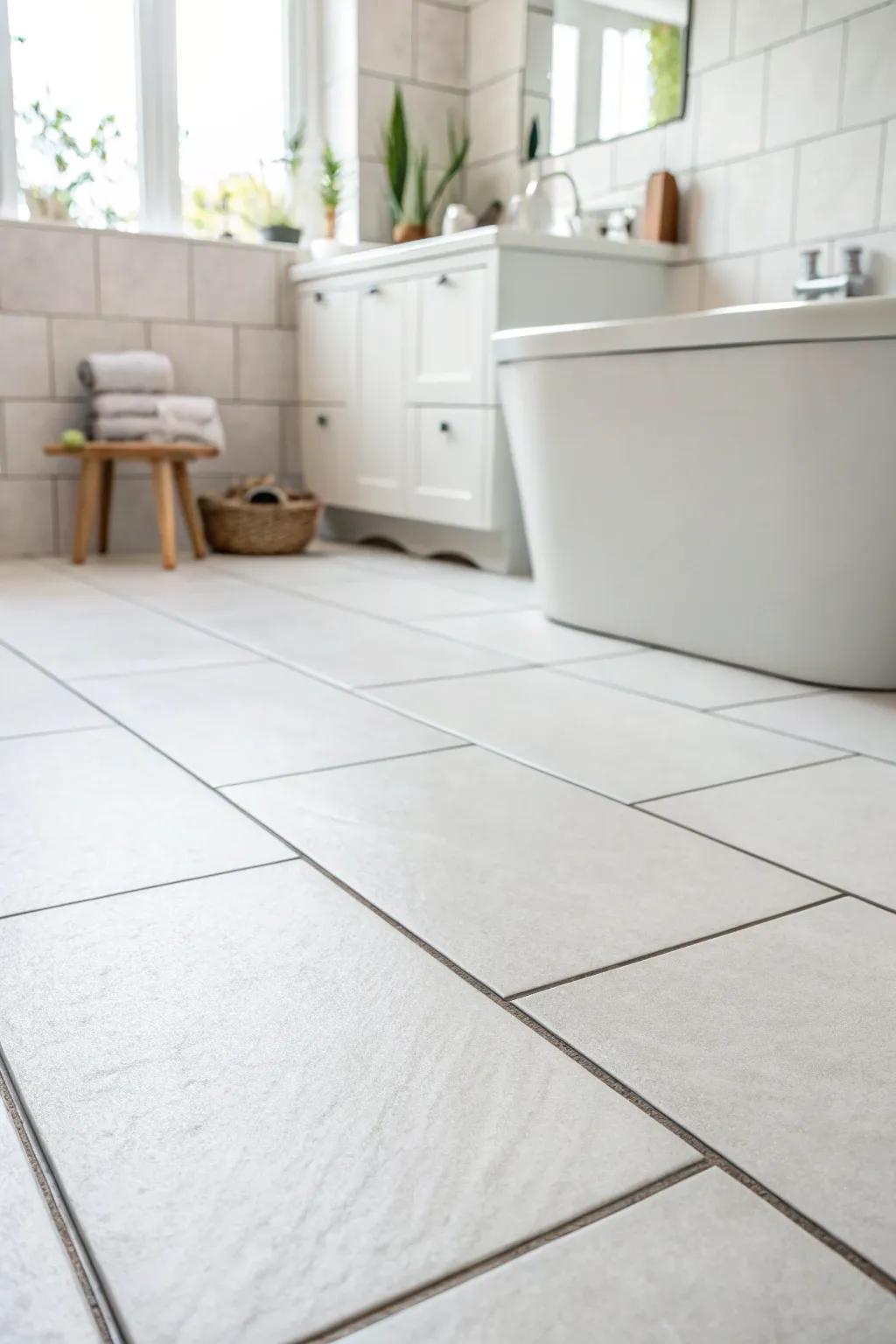 Large format coverings create a spacious and open sensation in bathrooms.