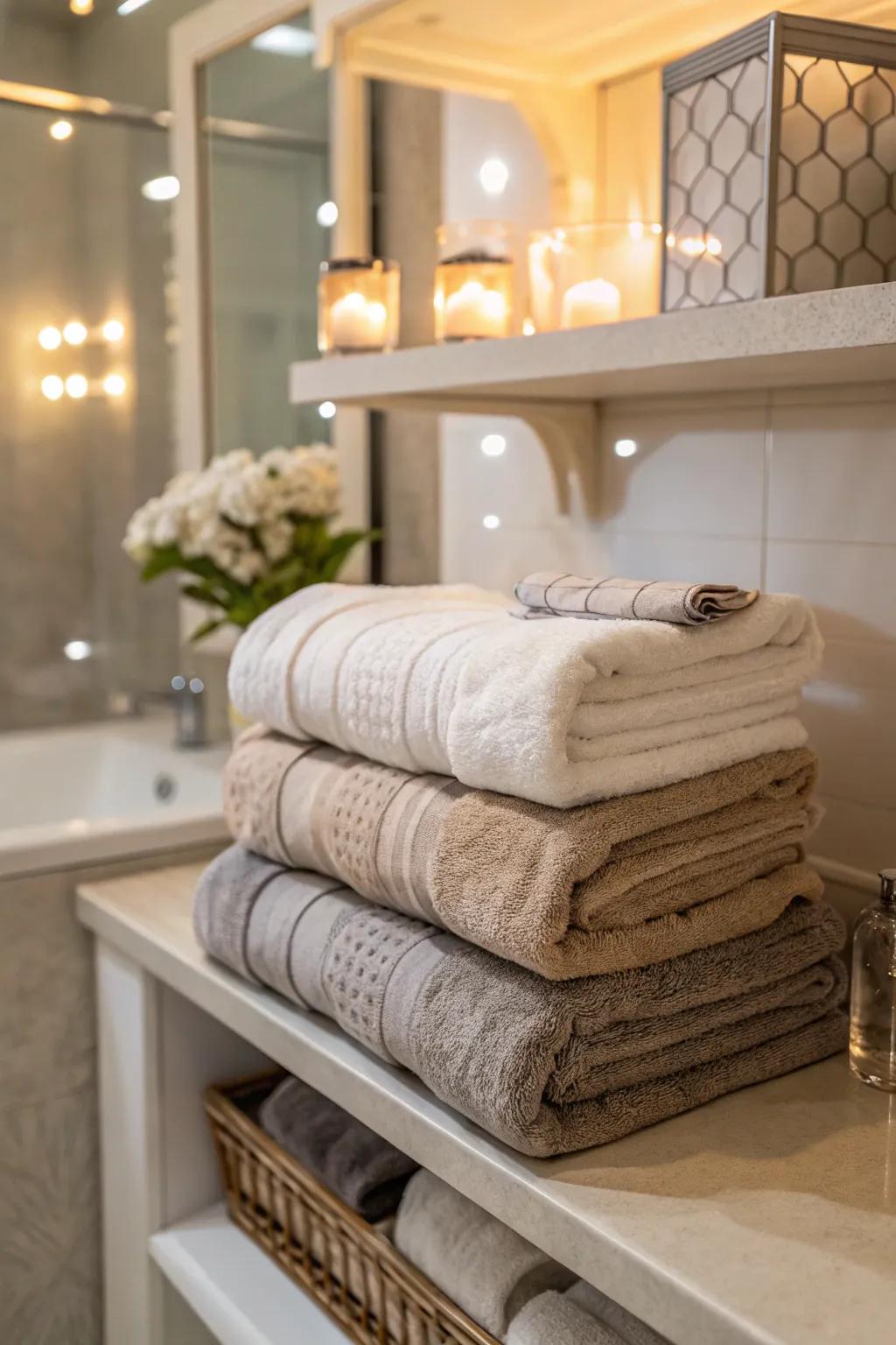 Folded cloths provide a timeless and organized display.