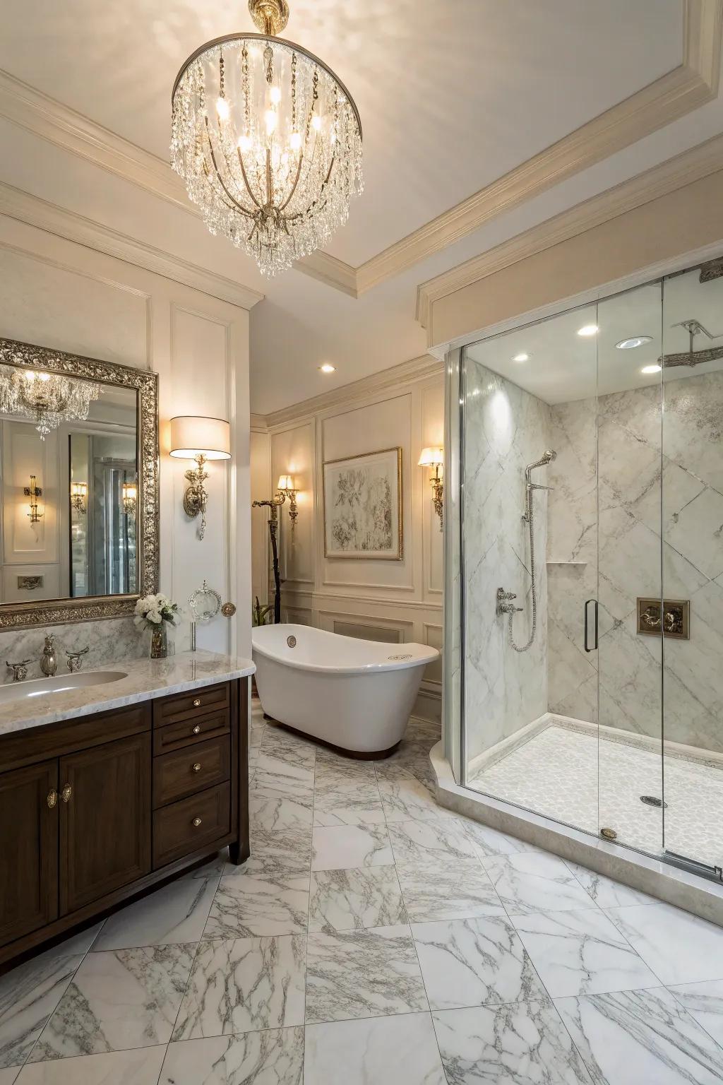 Crystal-decorated sconces add a sparkle of glamour and shimmer.