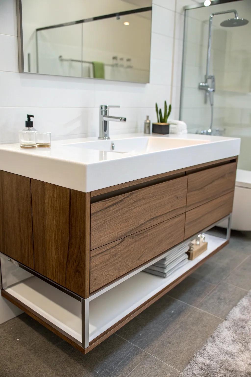 Hanging console for a modern, airy bathroom.