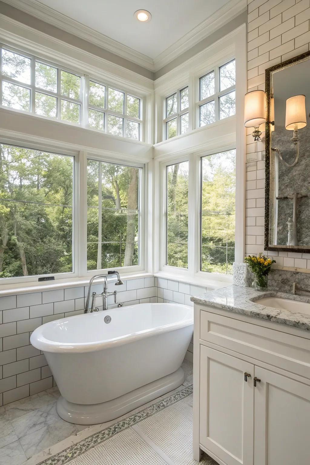 Bow windows adding traditional charm to the bathroom.