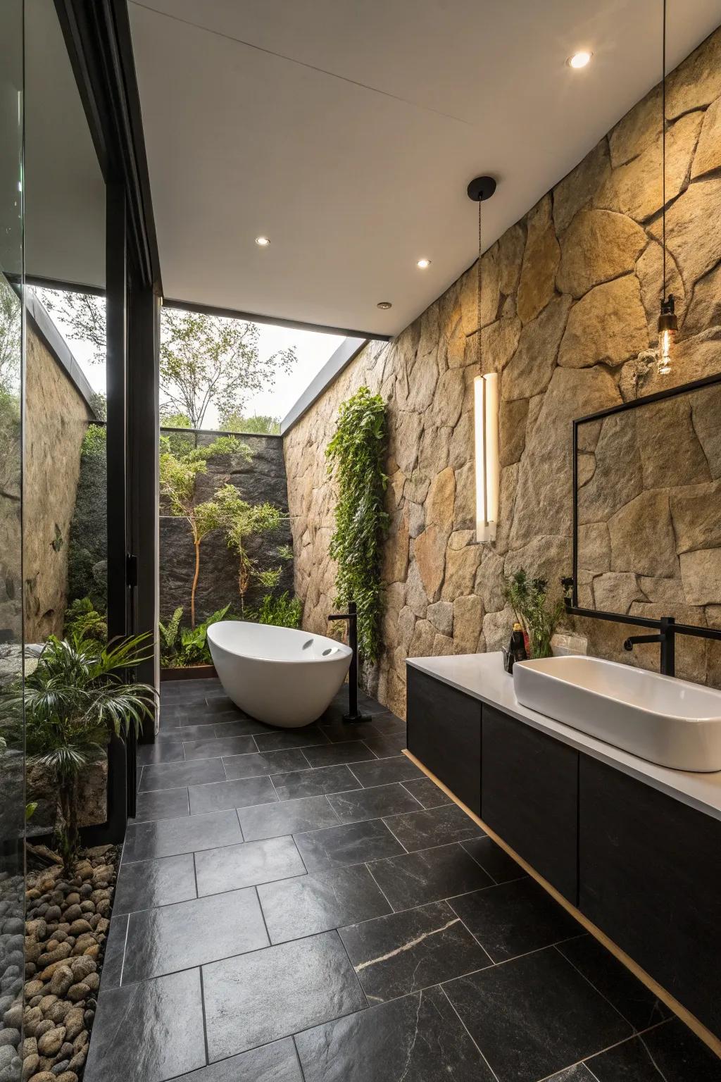 Authentic rock patterns add elegance to the modern dark ground surface.
