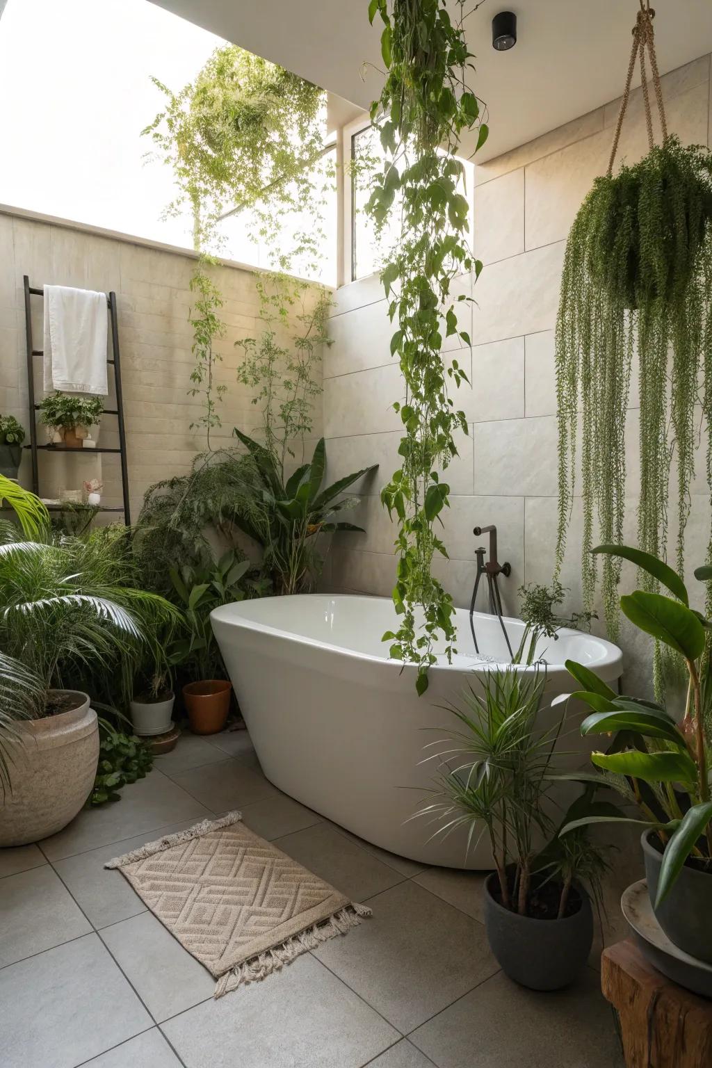 An interior garden oasis exhibiting a stand-alone tub.