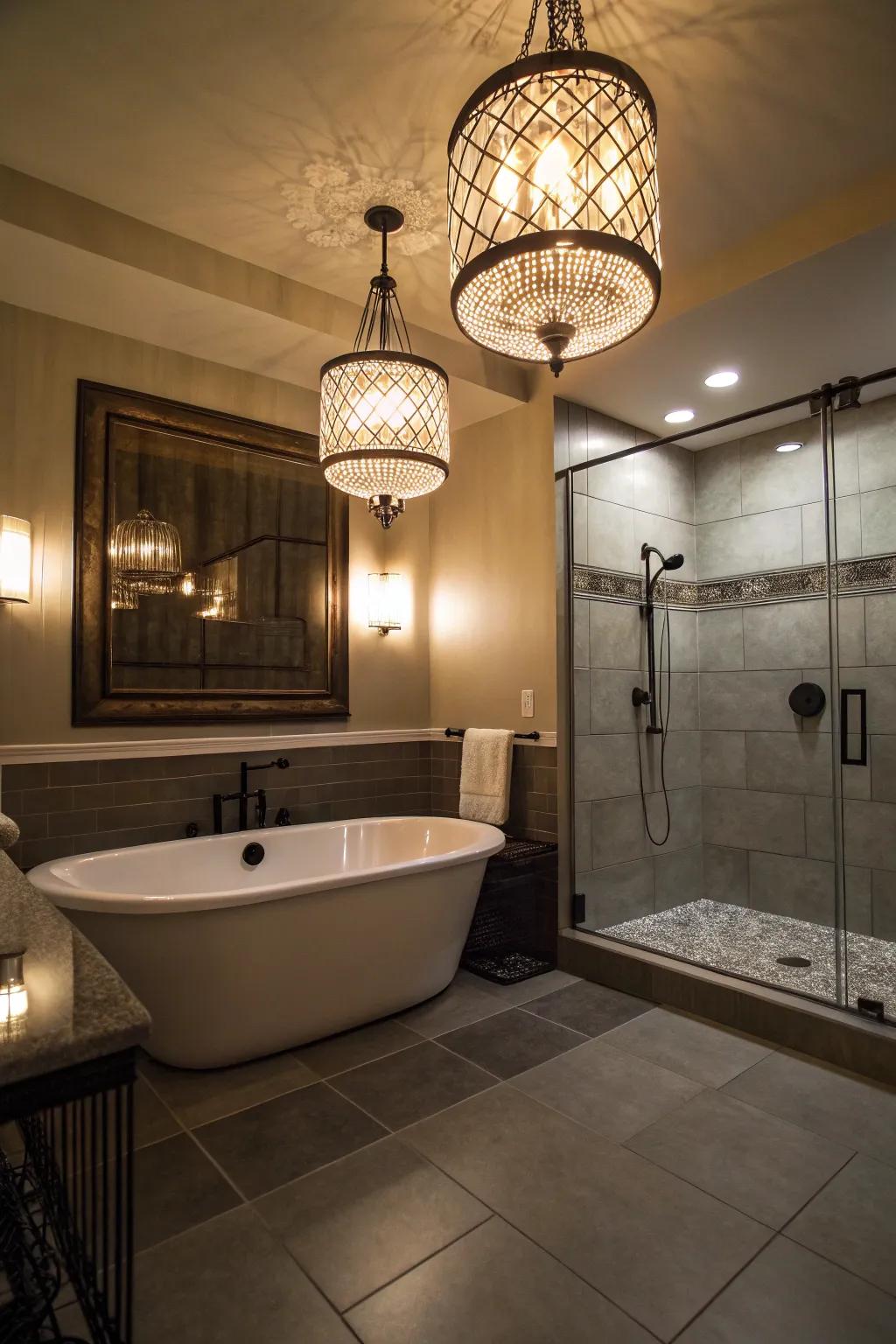 Statement lighting creating a dramatic atmosphere in the bathroom.