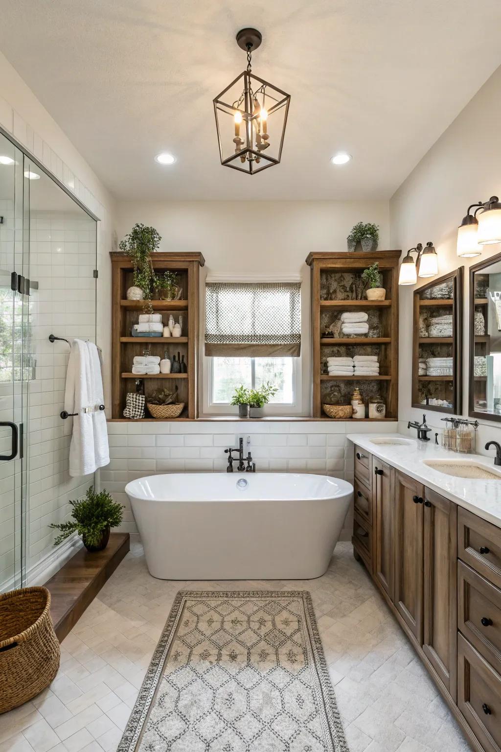 A harmonious bathroom has a tub in a perfectly symmetrical design.
