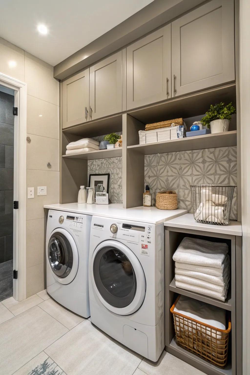 A chic laundry nook tucked in a bathroom corner.
