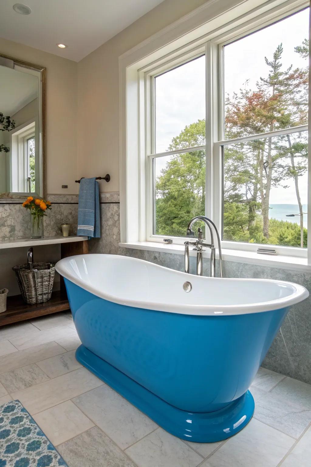 A bright sapphire tub makes a striking statement in this bath space.