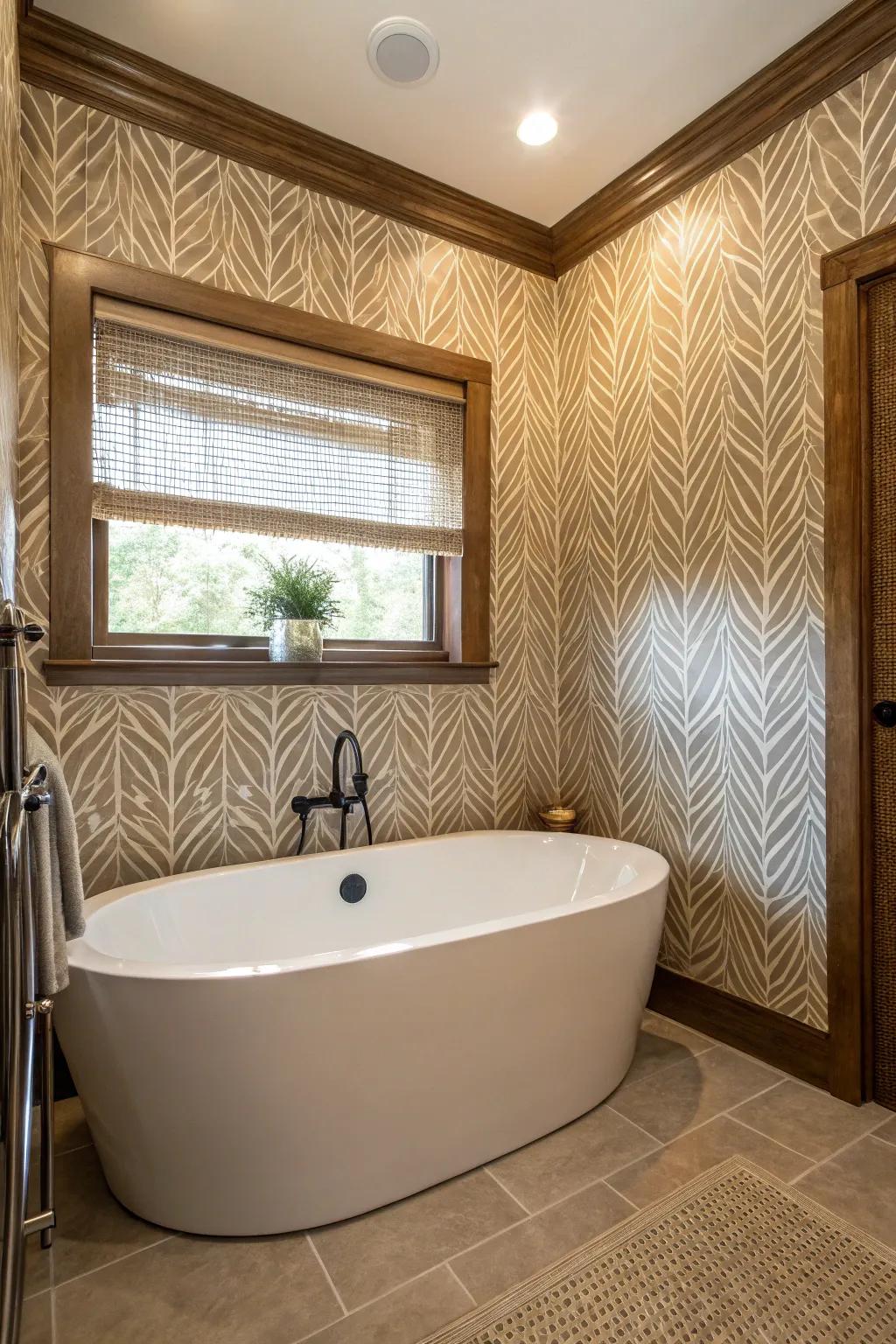 Textured wallpaper enhances your bathtub area with depth and style.