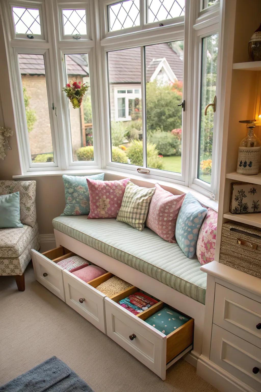 Concealed stowage within cushions contributes functionality to your bay window area.