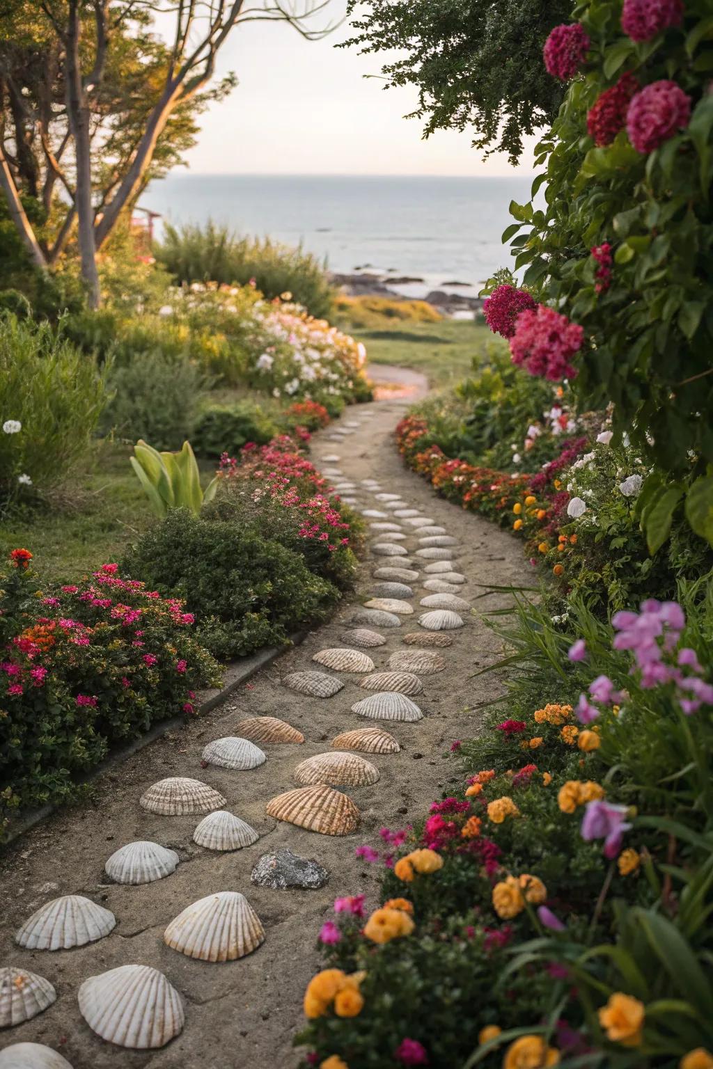 A shell path provides a whimsical and tactile experience.