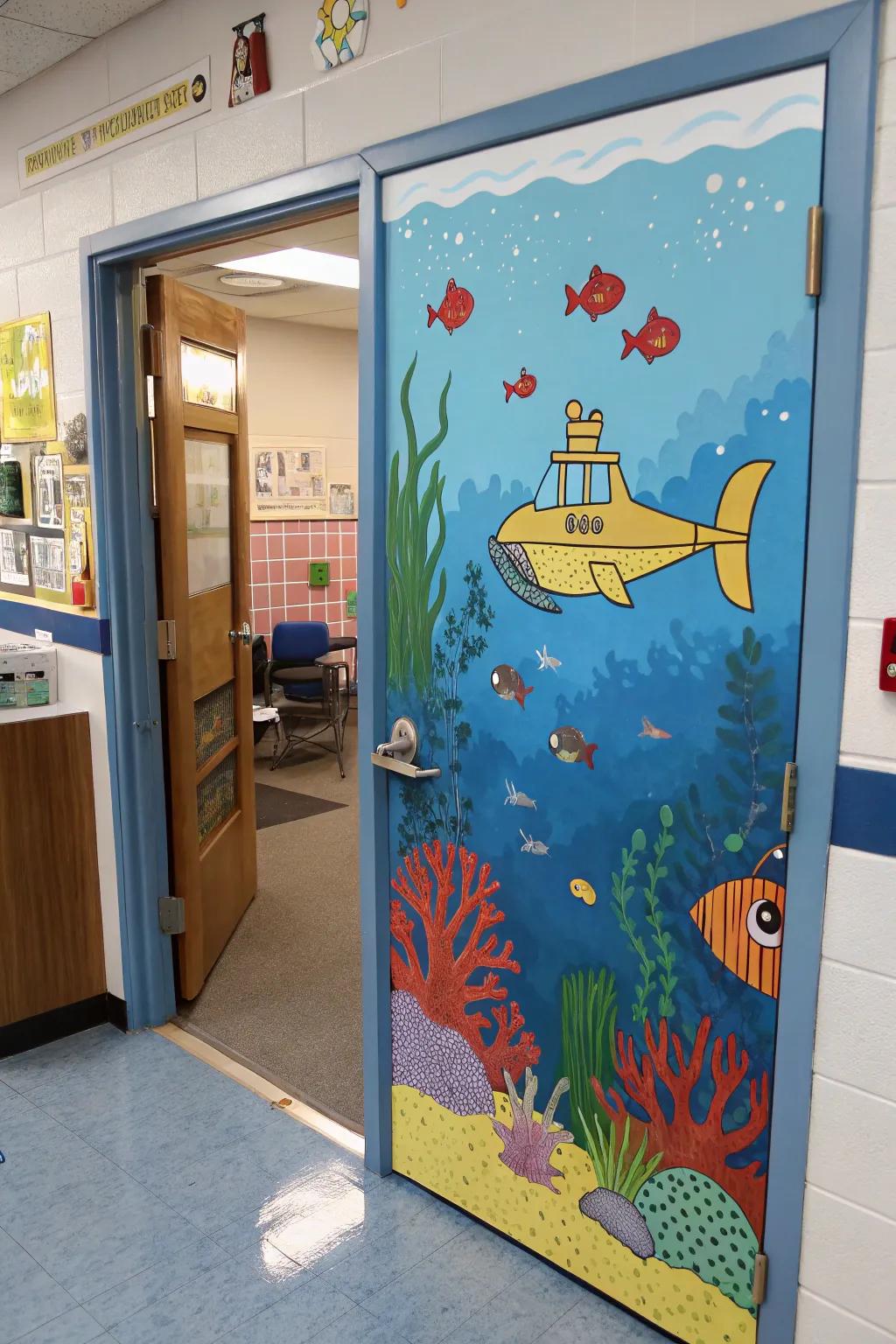 Underwater submarine scene on the door for a fun atmosphere.