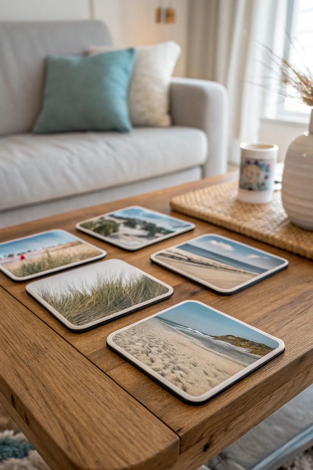 Add a coastal touch to your home with beach scene coasters.