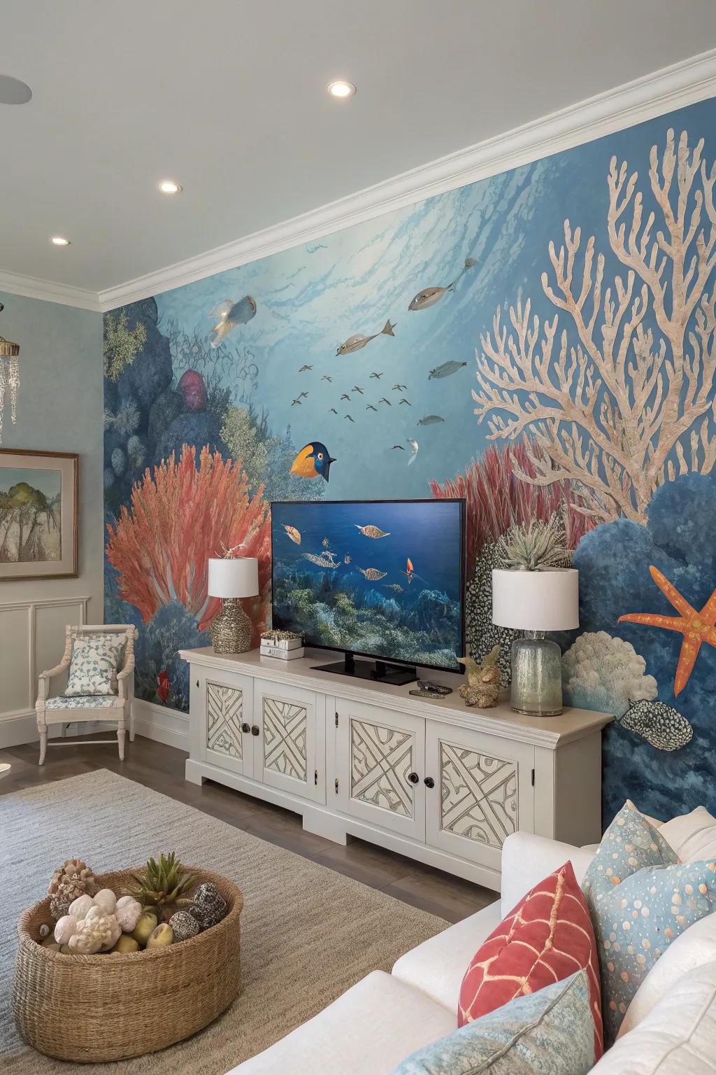 Bring ocean life indoors with vibrant reef-themed wallpaper.
