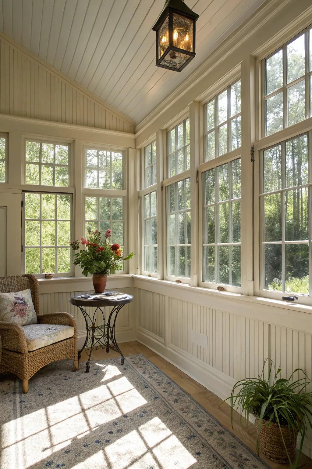 A tranquil sunroom retreat featuring plank panel walls.
