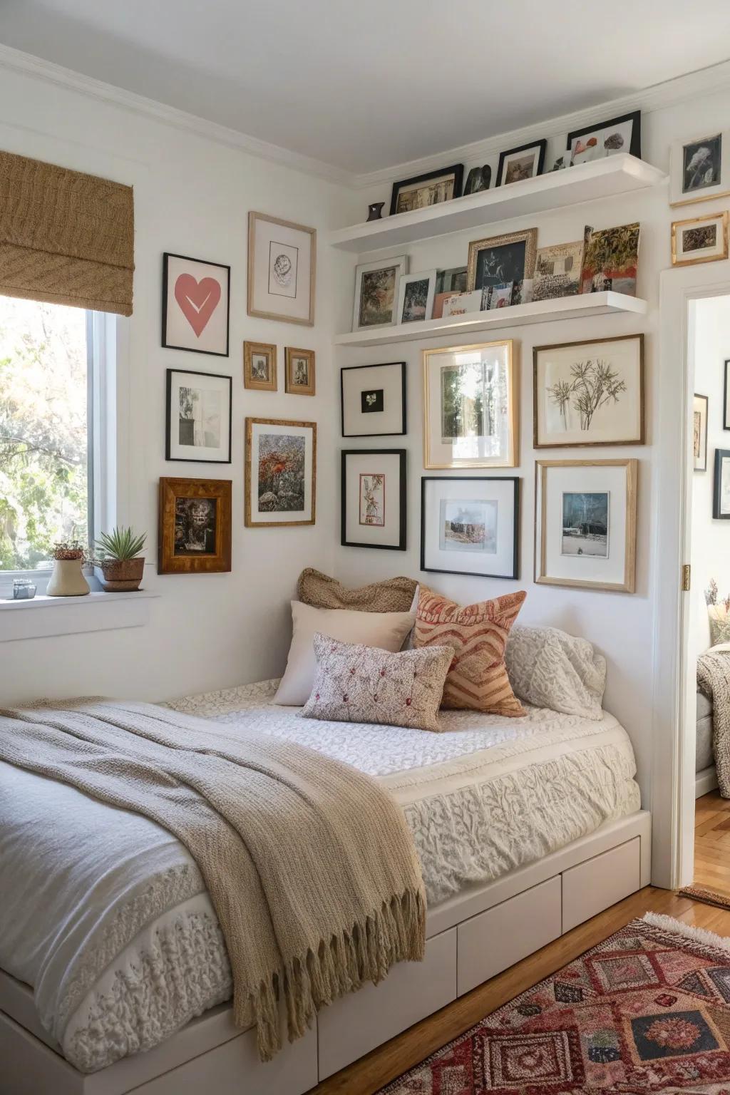 A gallery wall adds personality to a corner bed.