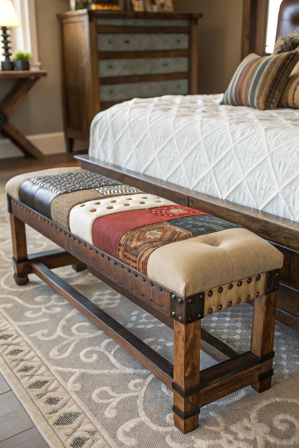 Eclectic benches mix styles for a personalized touch.