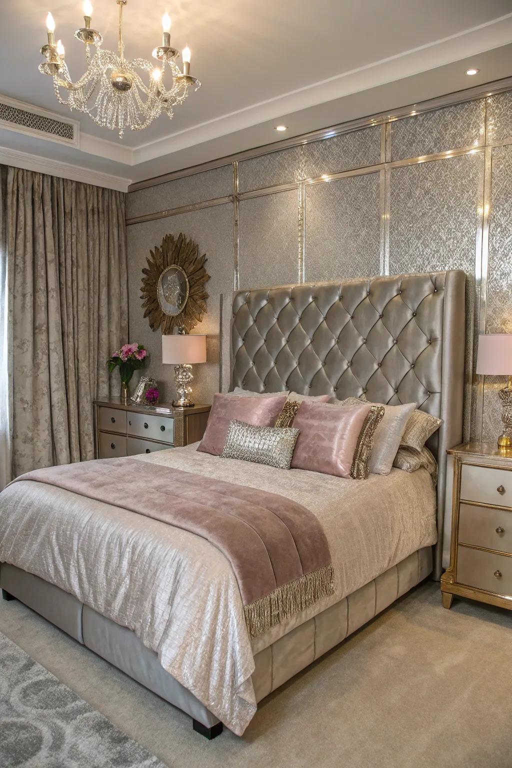 Glamorous metallic decorations and plush fabrics add luxury to this elegant bedroom.