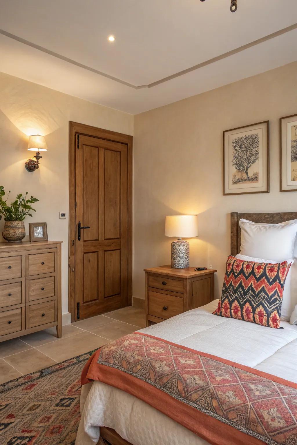 A pop of color adds vibrancy and interest to a neutral bedroom.