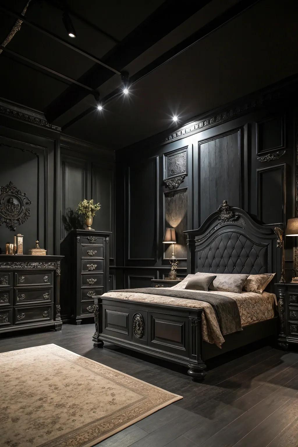 Dark walls enhance the drama and intimacy in a room with black furniture.