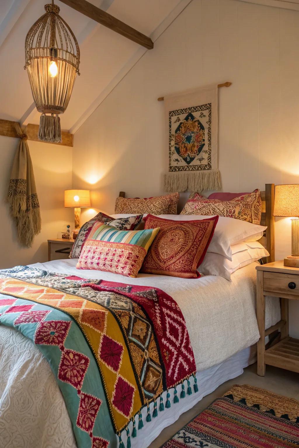 A bedroom with pops of color from vibrant accents.