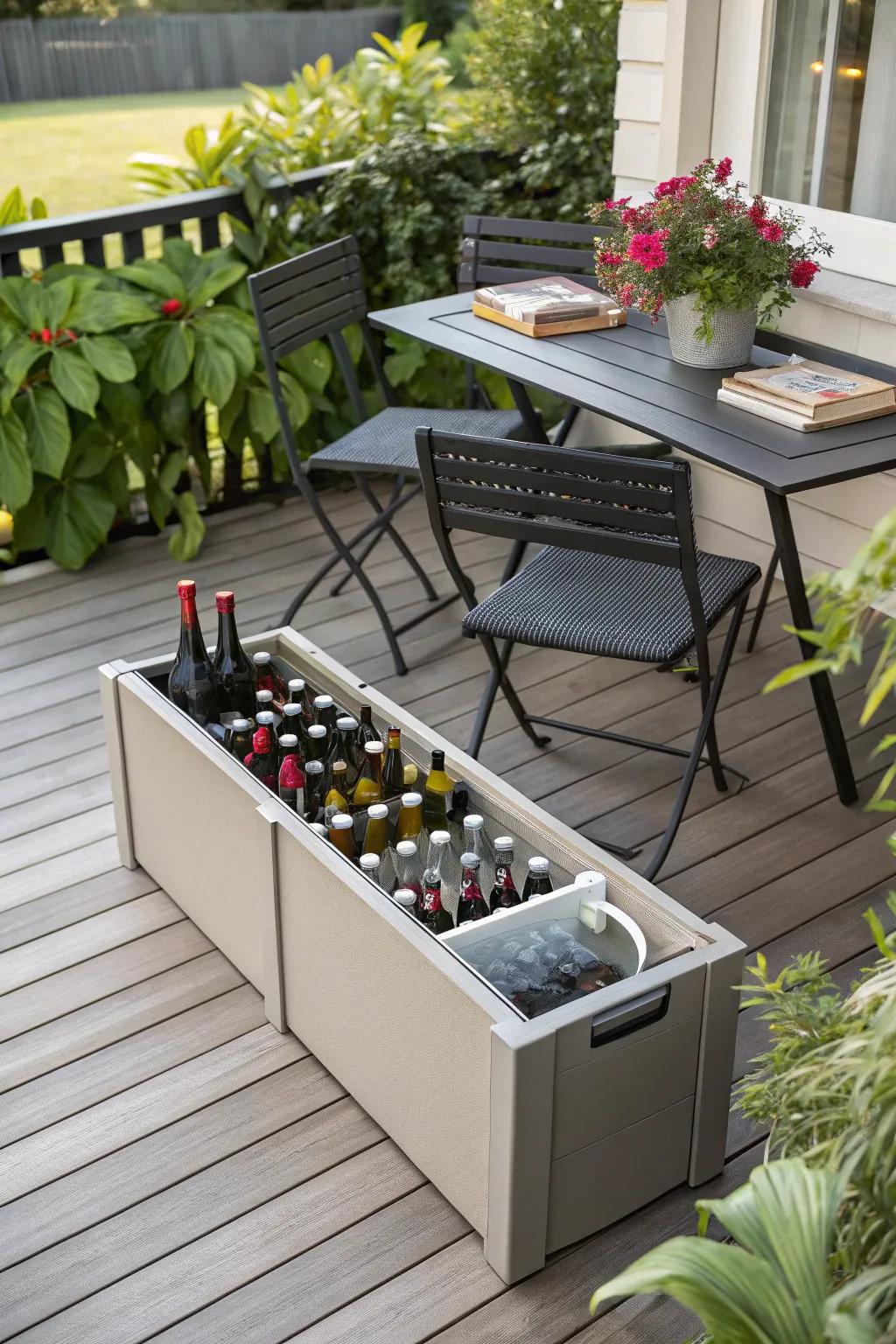 A storage seat on the deck containing beer bottles.