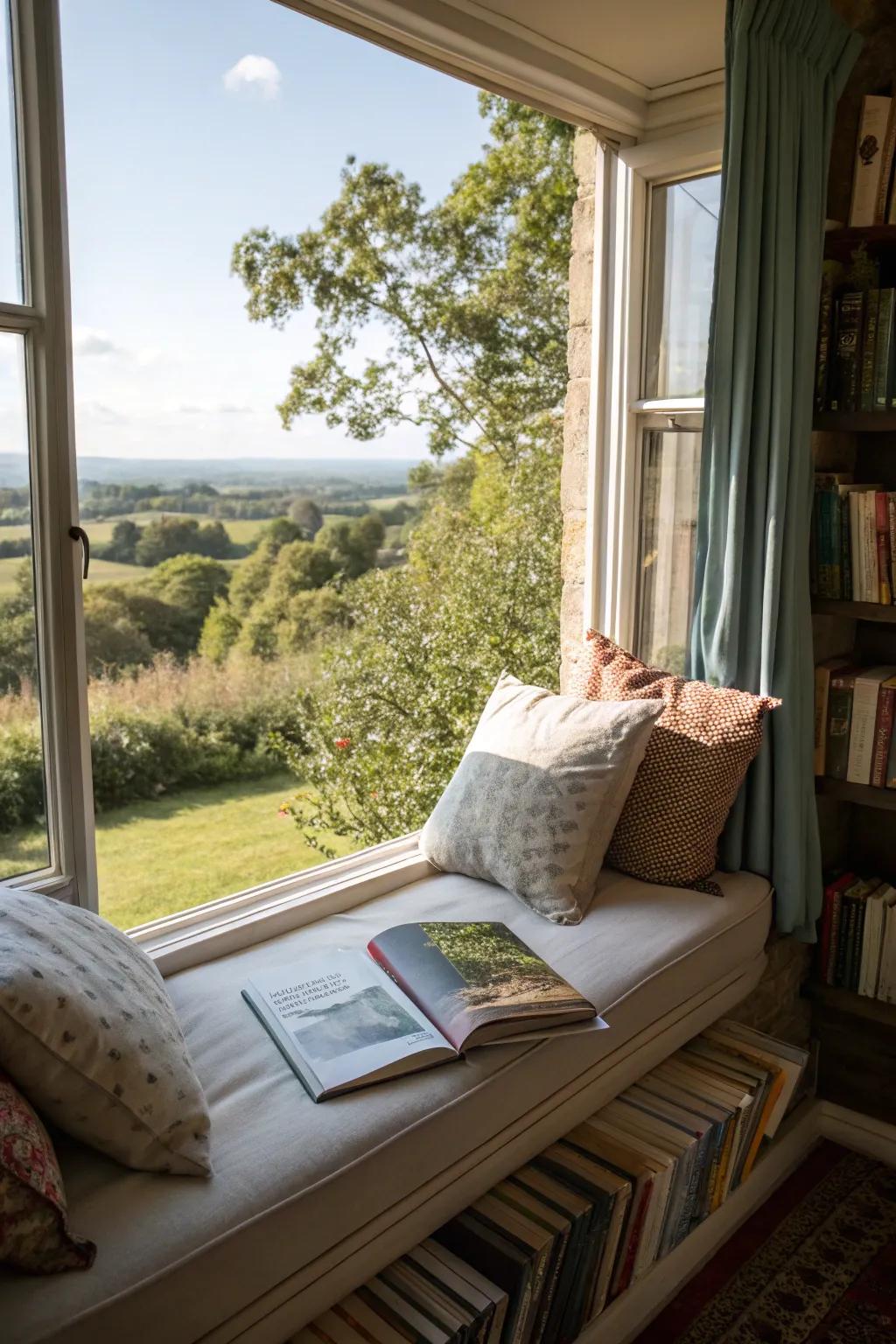 A window seat with cushions creates an ideal reading nook.