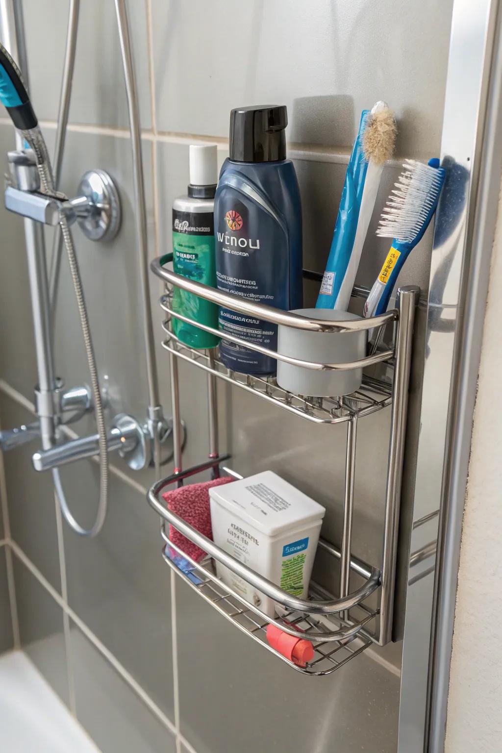 Discover the ease of a magnetic shower buddy, effortlessly maintaining order.