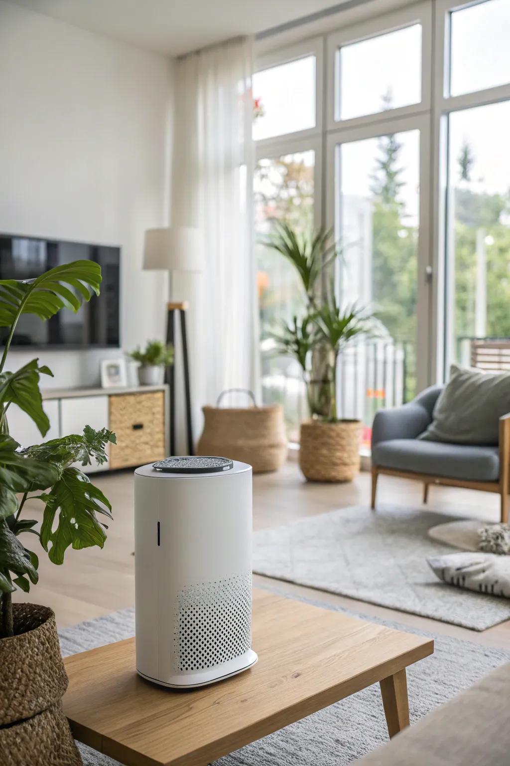 A smart air purifier quietly works to improve air quality.
