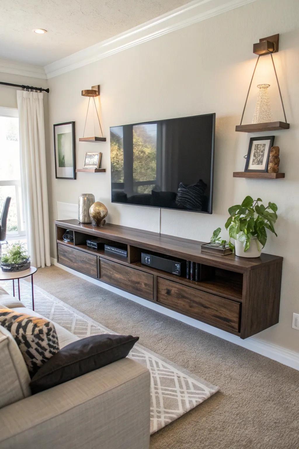 A floating console offers streamlined storage options.