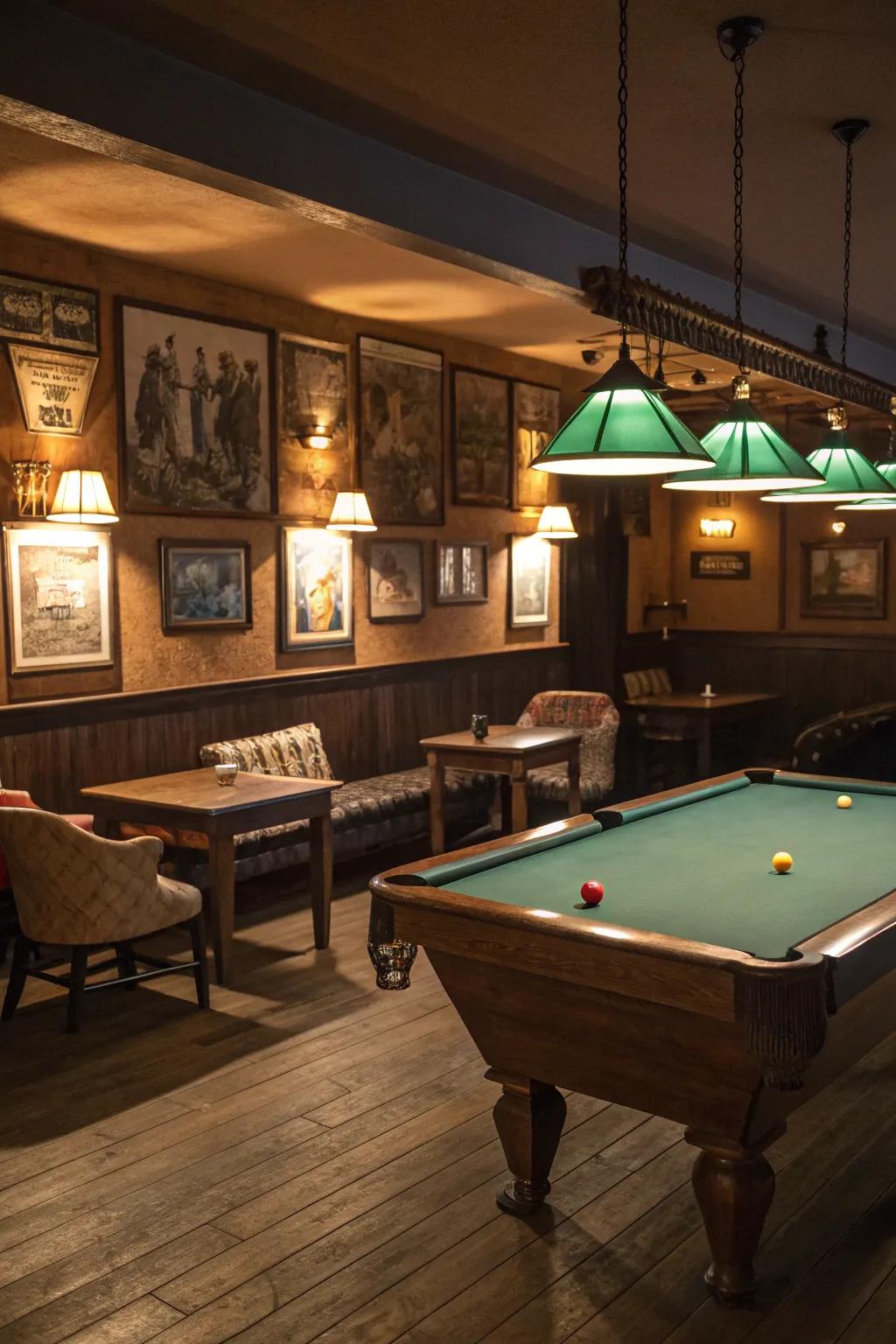 Background illumination sets a snug mood inside your billiard spot.