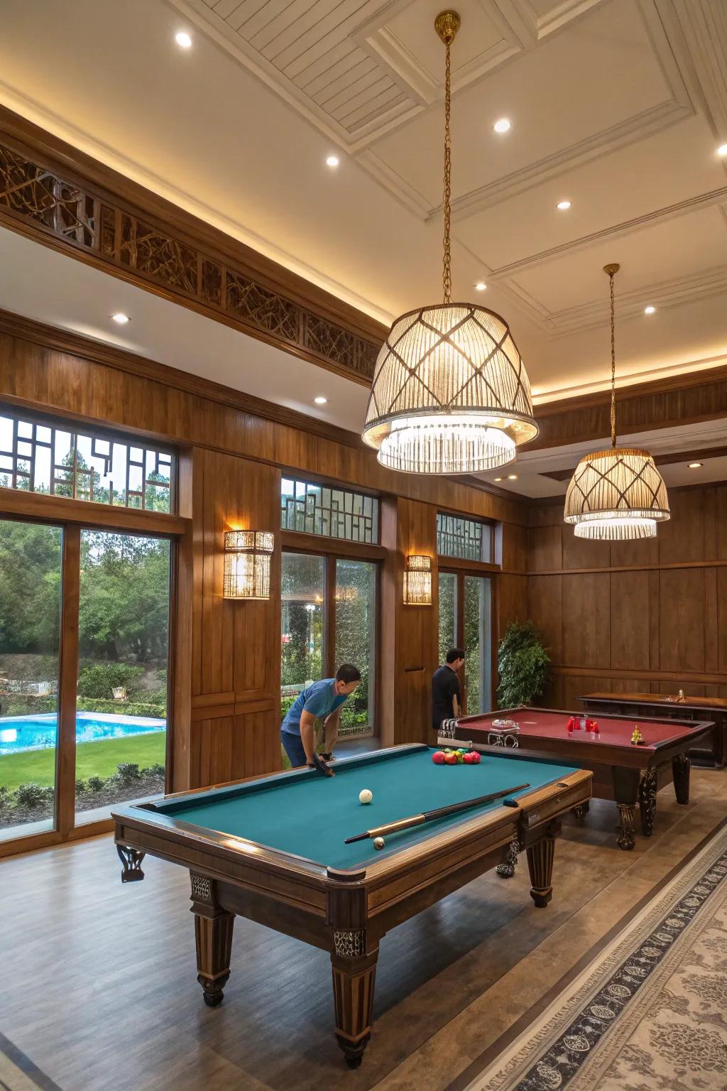 Smart technology, like integrated sound systems, enhances a modern billiards space.