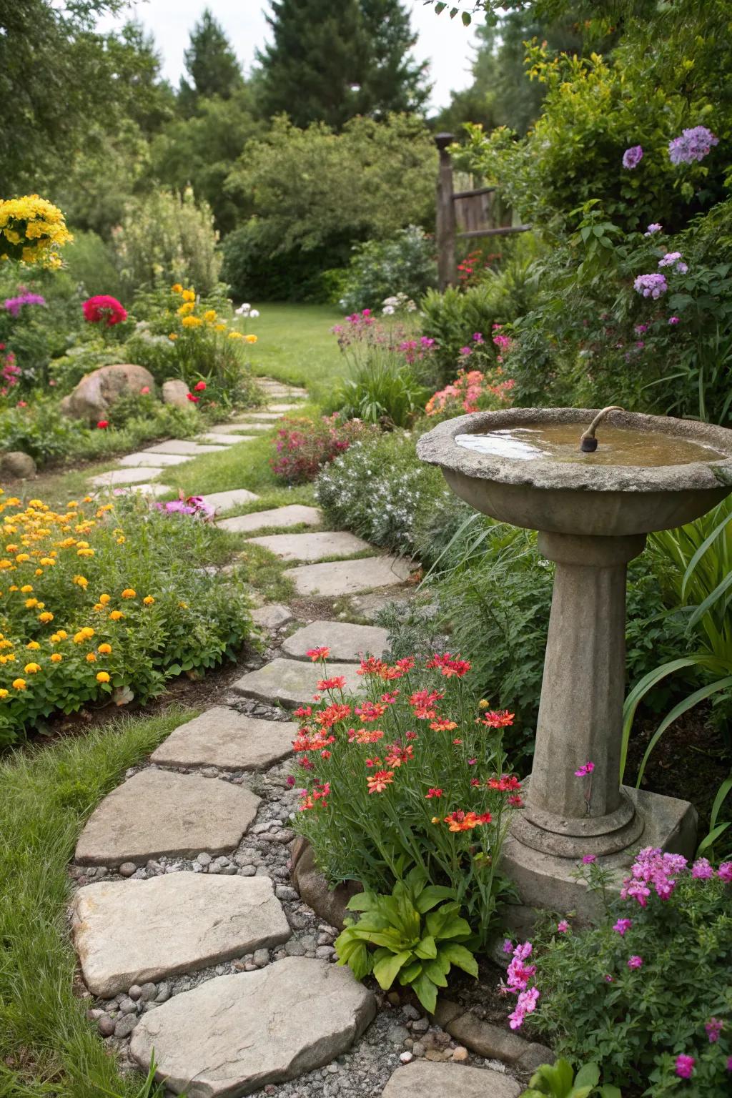 A stepping stone bird bath surprises and delights along the path.