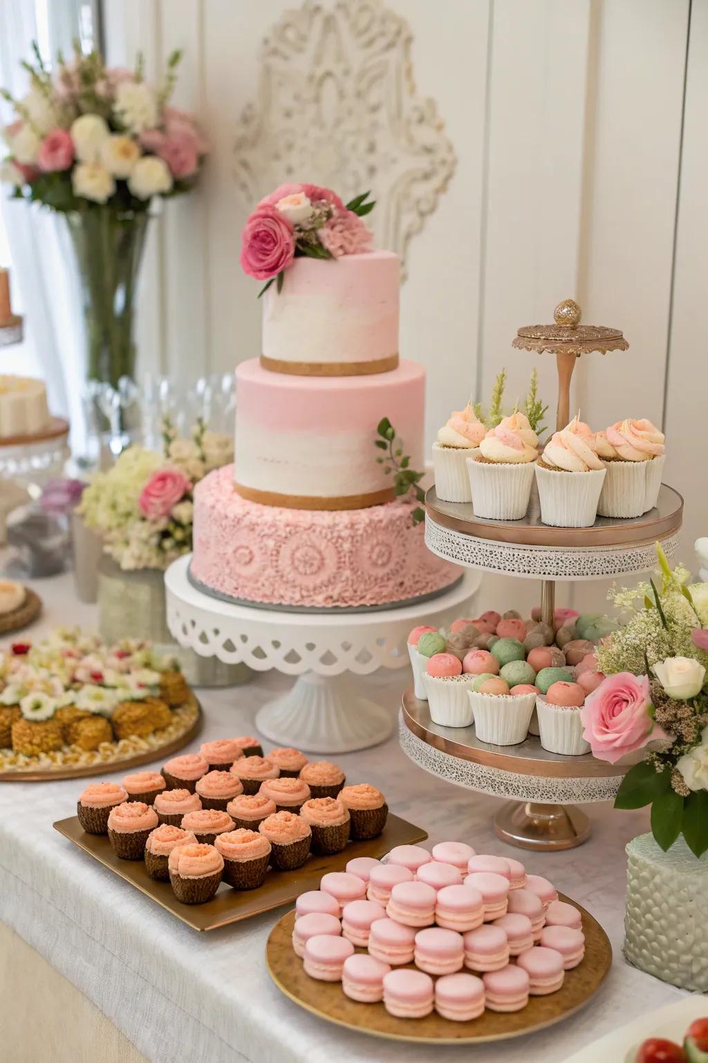 A gorgeous dessert table that serves as a center of attention in the party decor.