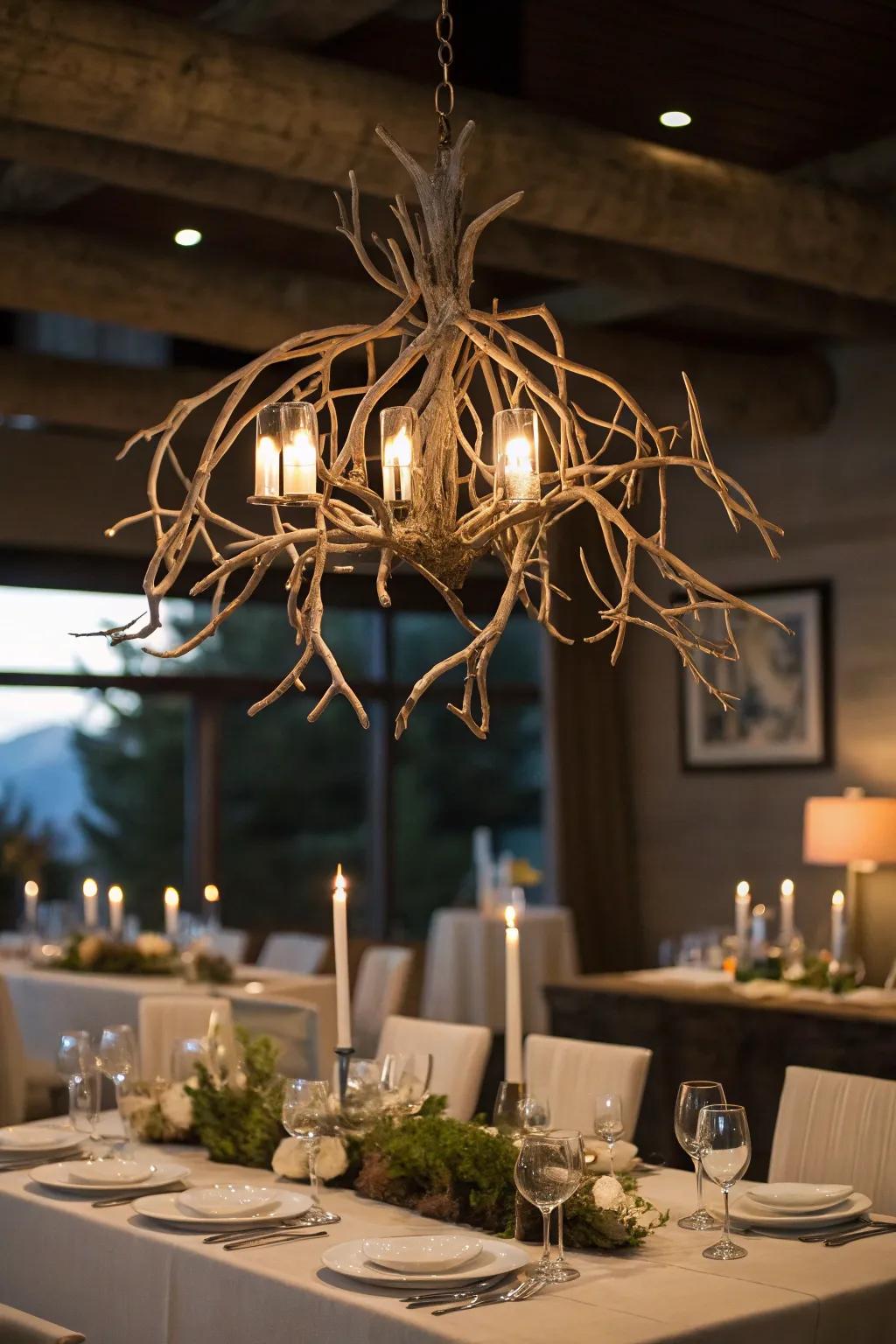 A hanging branch centerpiece adds drama and elegance overhead.