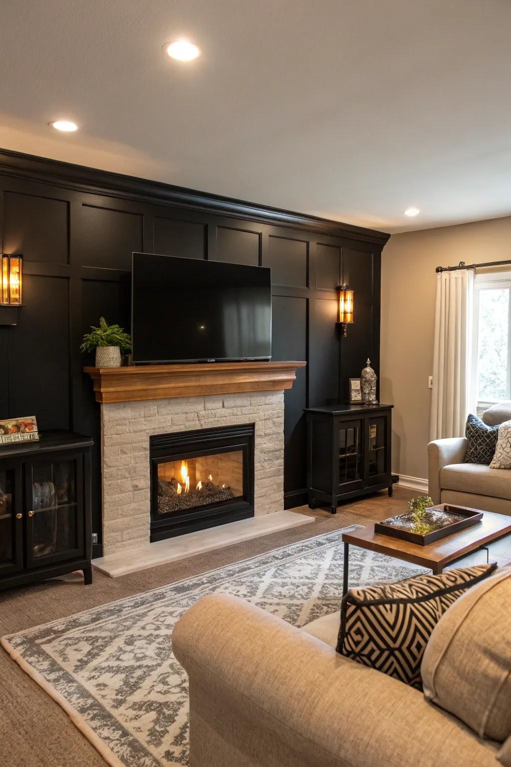 A hearth injects warmth and luxury into a dark accent wall.