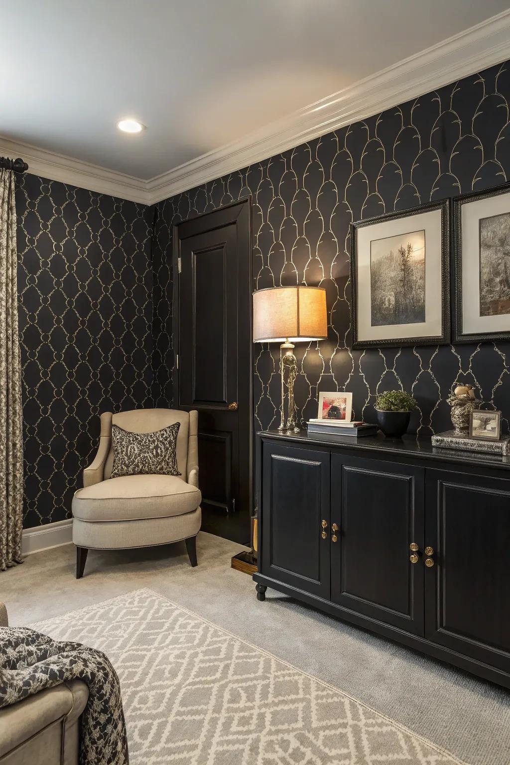 A room with black-based textured wallpaper that adds dimension and interest.