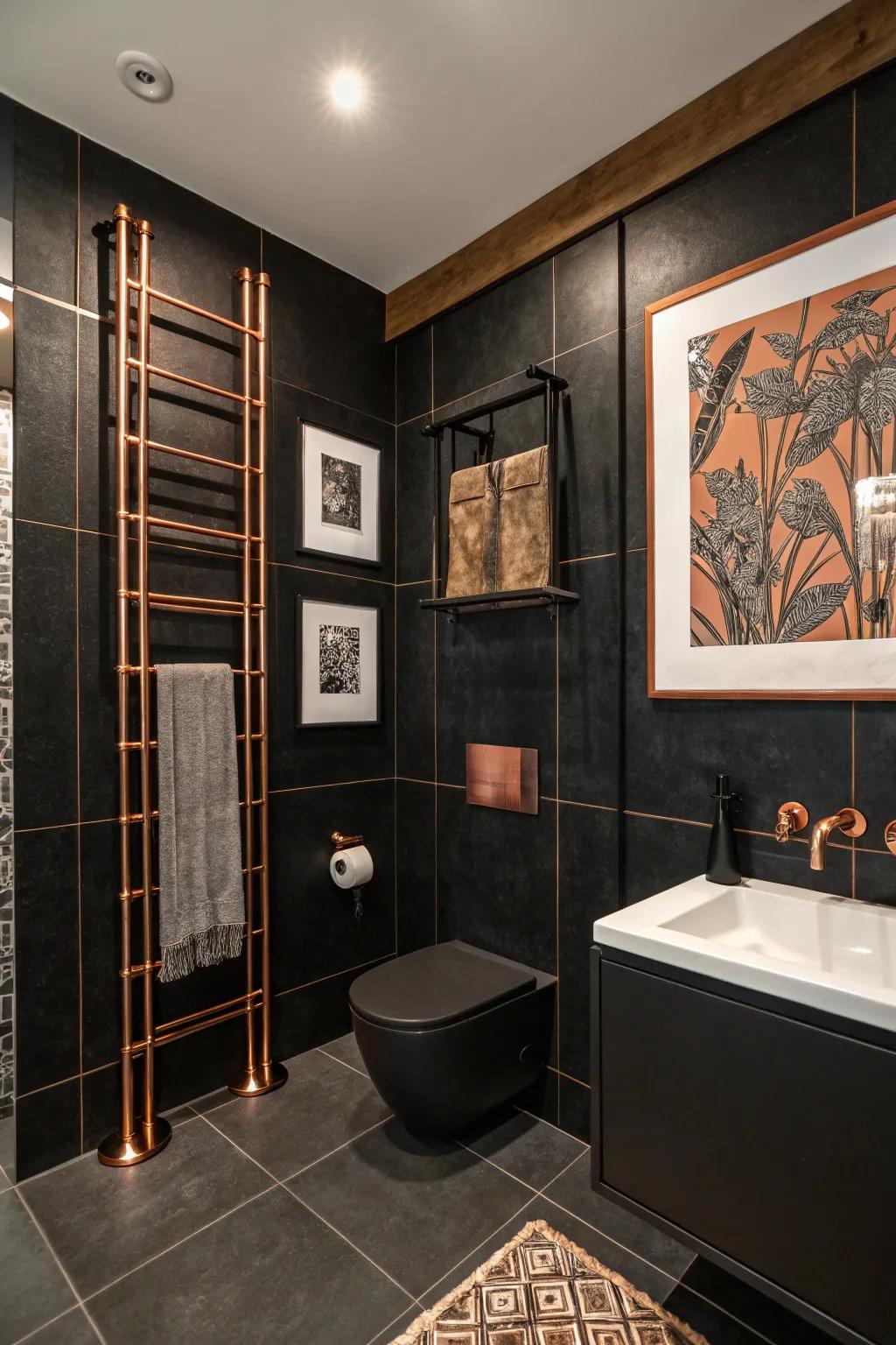 Copper-framed artwork enhances the bathroom's aesthetic.