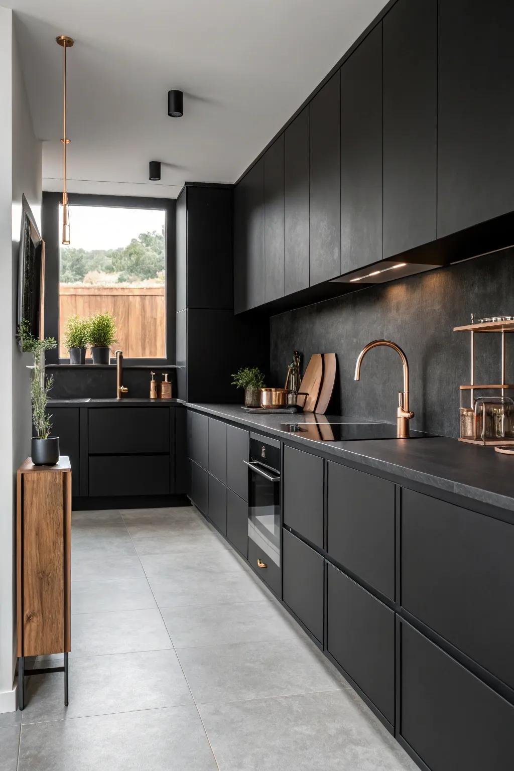 Minimalist design accented with copper creates a streamlined, contemporary kitchen.