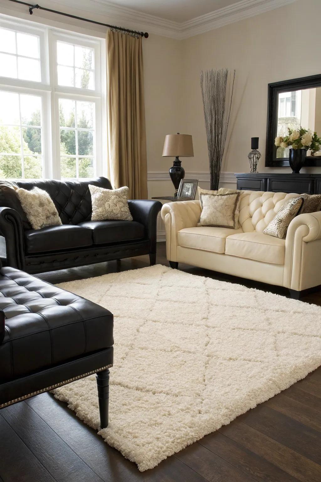 A soft rug in cream adds warmth and comfort to the elegant living space.